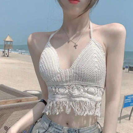Sexy Boho Beach Holiday Canotta Halter Donna Crochet Maglia Costume da bagno Reggiseno Backless Vest Hollow Nappa Canotta Crop Top da donna platinumshop