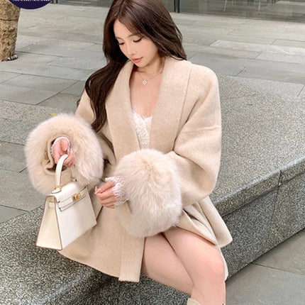 Coats for Women Autumn Winter New Elegant Long Sleeves V Neck Lace Up Woolen Coat Korean Fashion Casual Loose Street Trends Coat