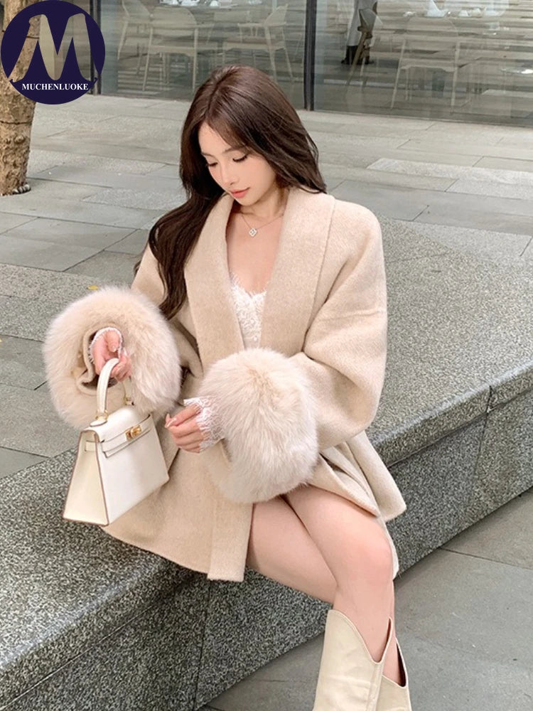 Coats for Women Autumn Winter New Elegant Long Sleeves V Neck Lace Up Woolen Coat Korean Fashion Casual Loose Street Trends Coat