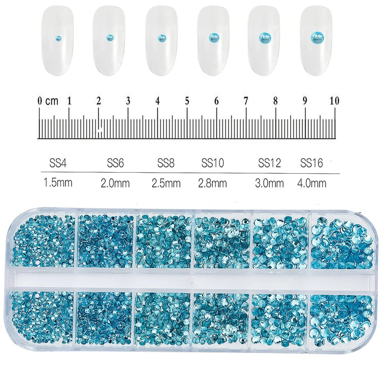 1.5mm-5mm Champagne Glass Crystal Nail Art Gems 12grids Flatback SS4-SS16 Mixed Nail Art Rhinestone Non-Hotfix Diamond Nail Deco