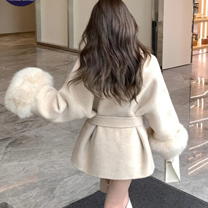 Coats for Women Autumn Winter New Elegant Long Sleeves V Neck Lace Up Woolen Coat Korean Fashion Casual Loose Street Trends Coat