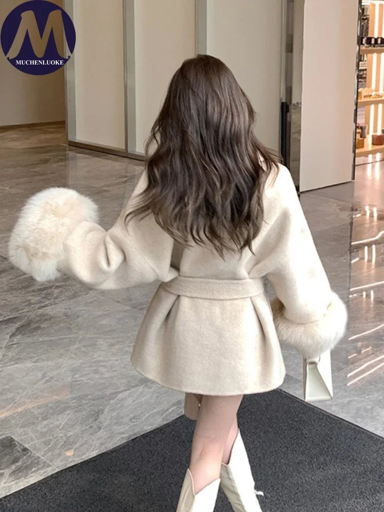 Coats for Women Autumn Winter New Elegant Long Sleeves V Neck Lace Up Woolen Coat Korean Fashion Casual Loose Street Trends Coat