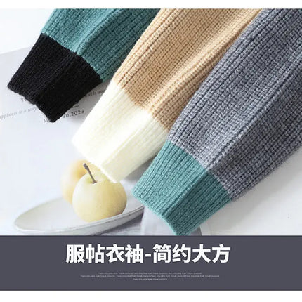 Winter Fashion Sweater Men Patchwork Casual Knit Pullovers Mens Thick Warm Harajuku Loose Knitted Sweaters O-Neck Streetwear Man
