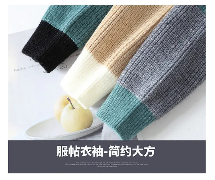 Winter Fashion Sweater Men Patchwork Casual Knit Pullovers Mens Thick Warm Harajuku Loose Knitted Sweaters O-Neck Streetwear Man