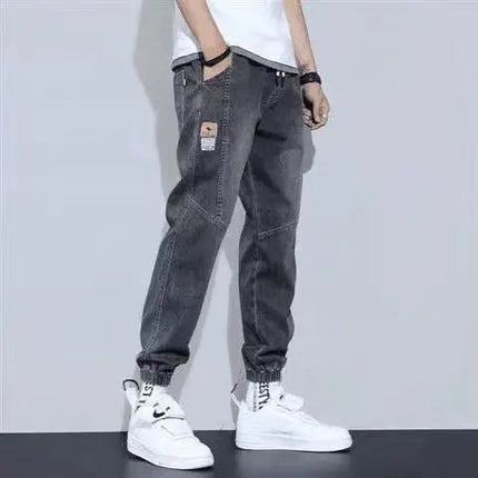 Loose Elastic Waist Denim Jeans for Men 2024 Fashion Casual Spring Workwear Foot-Tied Pants with Brand Workwear Baggy Trousers PlatiNum
