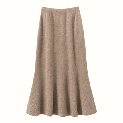 Autumn Winter Women New 100% Cashmere Fishtail Skirt  Mid Length Slimming High Waisted Knitted Umbrella Skirt Elegant Dress PlatiNum