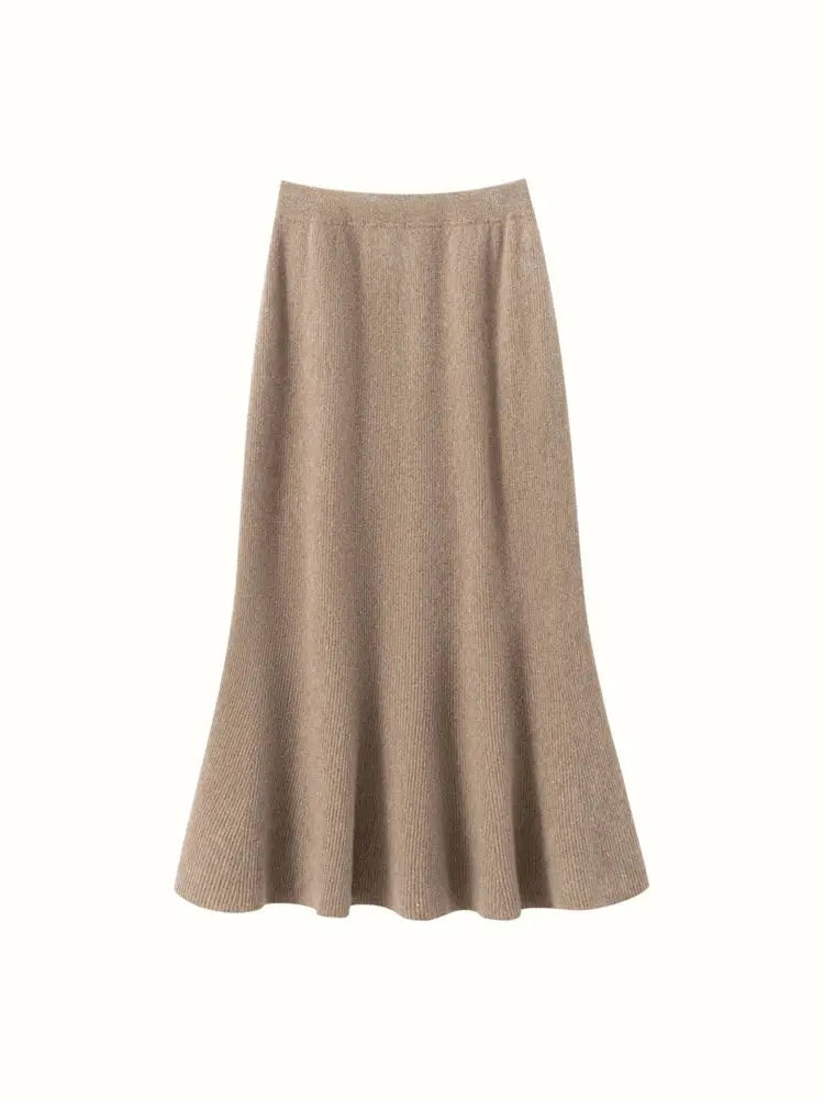 Autumn Winter Women New 100% Cashmere Fishtail Skirt  Mid Length Slimming High Waisted Knitted Umbrella Skirt Elegant Dress PlatiNum