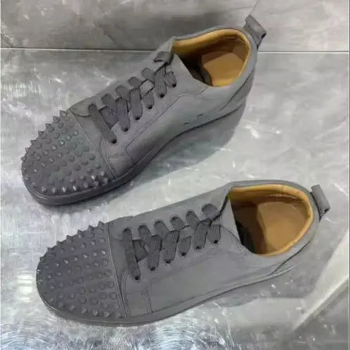 Men's Studded Genuine Leather Sneakers | Round Toe Lace-Up Flat Comfortable Spring Casual Fashion Shoes