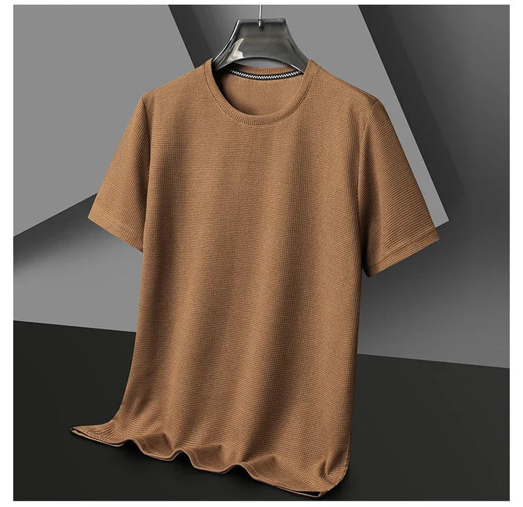 New Summer Waffle Round Neck Short Sleeved T-shirt for Men's Short Sleeved Top PlatiNum