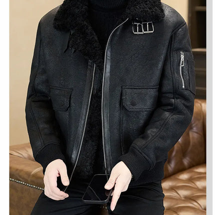 2025 Winter Fur Integrated Leather Jacket Men Thick Velvet Imitation Fur Leather Coat Loose Motorcycle Coat Casual Streetwear