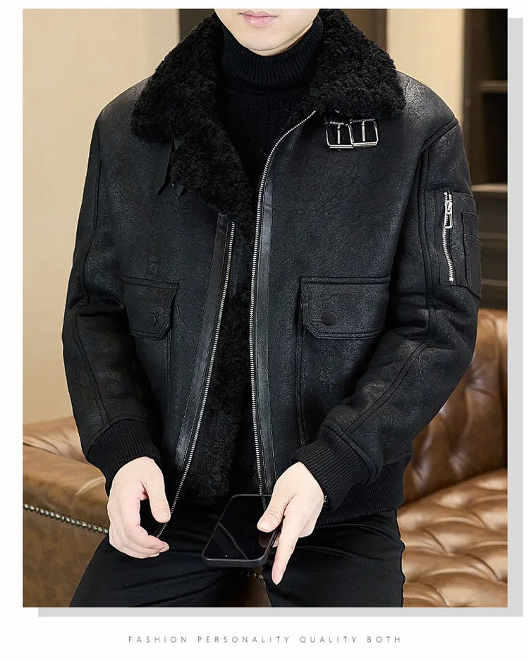 2025 Winter Fur Integrated Leather Jacket Men Thick Velvet Imitation Fur Leather Coat Loose Motorcycle Coat Casual Streetwear