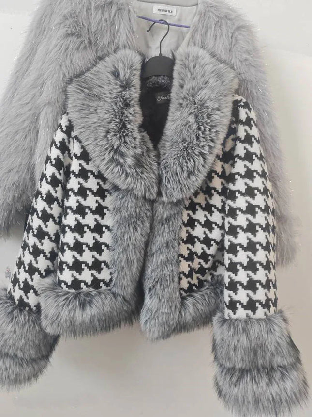 ZADORIN Autumn Winter Tweed Coat Woman Checkered Pattern Belted Faux Fur Coat Luxury Short Fur Trim Jacket Fur Coats For Woman