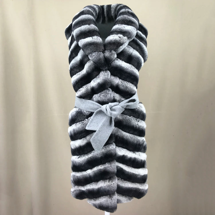Women's Real Natural Rex Rabbit Fur long vest Chinchilla Color Waistcoat Furry Winter Warm Fluffy Vest Korean Length 90cm 240519