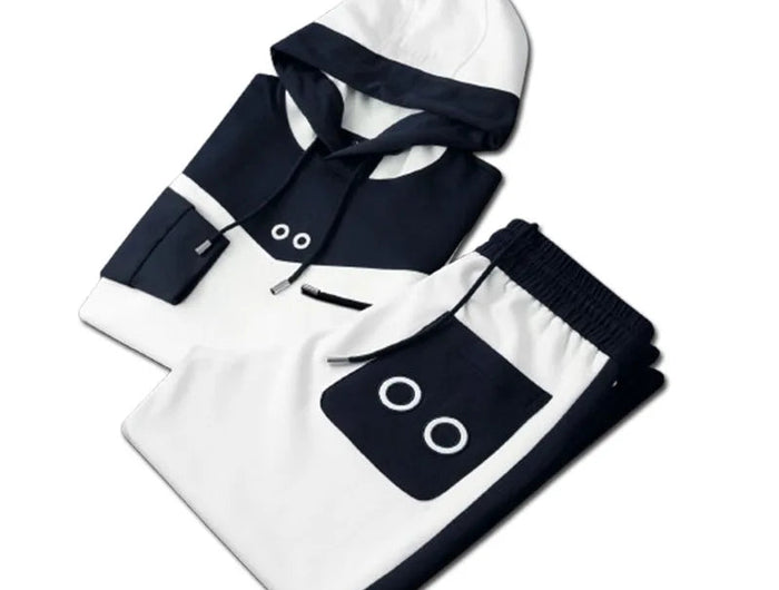 Contrast color splicing hooded sweatshirt suit for men autumn long-sleeved casual sports two-piece thick style PlatiNum