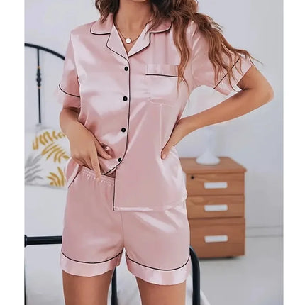 Pigiama da donna in raso di seta estivo Set Top e pantaloncini abbottonati 2 pezzi indumenti da notte colletto dentellato indumenti da notte Loungewear per le donne