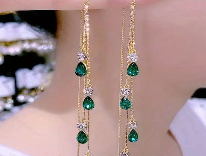 Luxury Temperament Green Zircon Drop Earrings For Women Korean Fashion Long Tassel Rhinestone Earring Wedding Party Jewelry PlatiNum