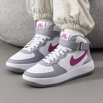 Nike Air Force 1 Mid EasyOn Comfort Versatile GS Strap High Top Casual Shoe Cement Grey Hot Pink Unisex FN1193-003