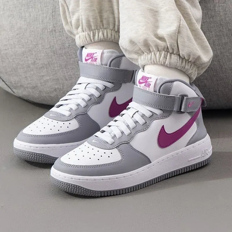 Nike Air Force 1 Mid EasyOn Comfort Versatile GS Strap High Top Casual Shoe Cement Grey Hot Pink Unisex FN1193-003