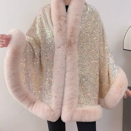 ZADORIN Fashion Sequins Long Furry Warm Faux Fur Coat Woman Autumn Winter Fur Cape Ponch Wedding Party Fur Shawl Cloak Cardigans