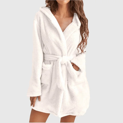 1 pezzo di vestaglia da donna con cappuccio in tinta unita con cintura, pigiama in pile accogliente e caldo per la casa in autunno e inverno.
