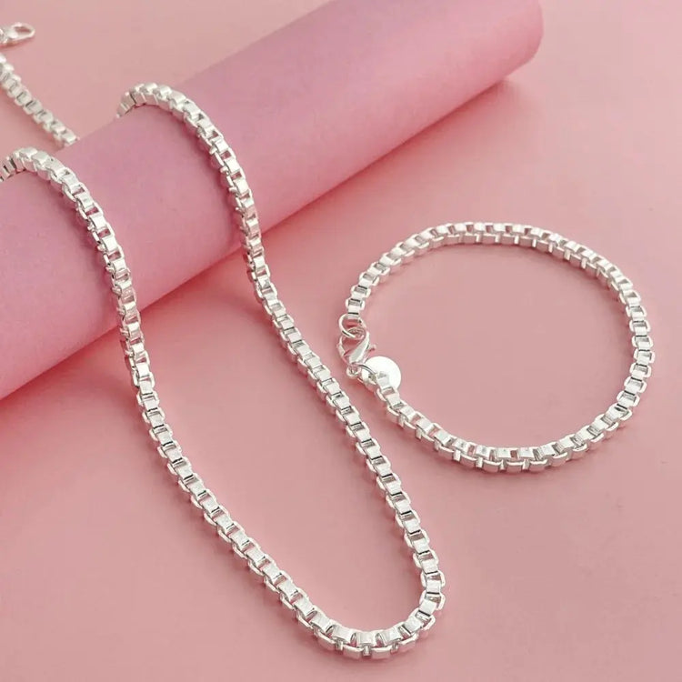 Andara Set di collana e bracciale a catena quadrata in argento sterling 925 da 4 mm per gioielli da festa per uomini e donne platinumshop