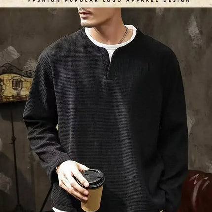Spring and Autumn New Men Henley neck T Shirt Long Sleeve Casual  Solid color T-Shirt Fashion Waffle Fake two-piece Sweatshirts PlatiNum