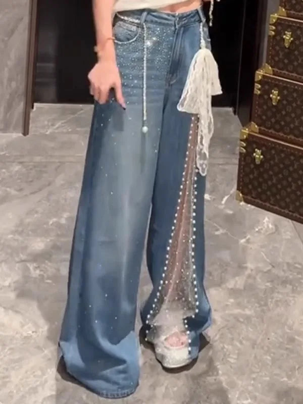 2025 Autunno Inverno Pantaloni in denim da donna Mesh Patchwork Y2K Streetwear Jeans larghi Grunge g