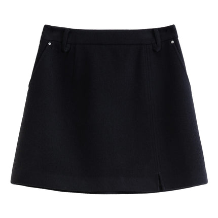 DUSHU Classic Long and Short Elastic Waist A-line Skirt 2025 Winter Skirt for Women Solid Simple Commuting Office Ladies College PlatiNum