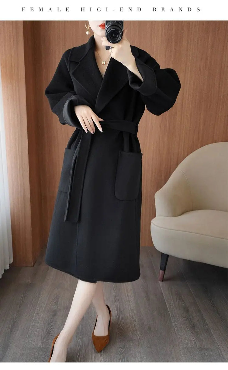 100% Wool Coat Women's Wear 2026 Autumn/Winter Fashion Temperament Double sided Cashmere Coats with Belt Elegant Long Overcoat