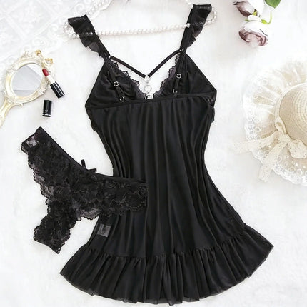 Set di 2 Pezzi Camicia da Notte Verde Scuro per Donna, Lingerie Sexy in Rete Trasparente con Slip, Pizzo e Spalline Sottili