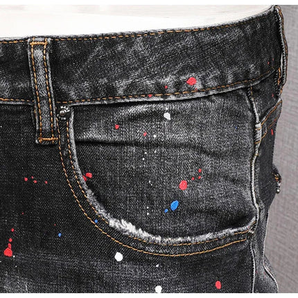 Fashion Streetwear Men Jeans Retro Black Blue Elastic Slim Fit Ripped Jeans Men Spliced Designer Embroidery Hip Hop Denim Pants PlatiNum