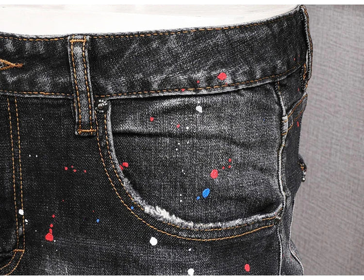 Fashion Streetwear Men Jeans Retro Black Blue Elastic Slim Fit Ripped Jeans Men Spliced Designer Embroidery Hip Hop Denim Pants PlatiNum