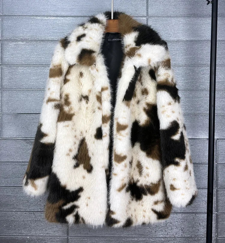 ZADORIN 2026 Chic Mid Long Cow Pattern Fluffy Faux Fur Coat Woman Lapel Loose Winter Fur Coats Woman Furry Jacket Fur Faux Coat