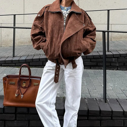 Women's Belt Short Suede Jackets Loose Lapel Long Sleeve Zipper Coats 2025 Spring Lady Vintage Female Outwear Street