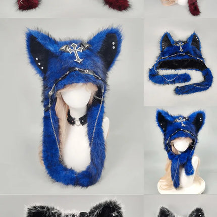 Dark Series Gothic Plush Hat Y2K Cross Metal Style Headwear Cosplay Cat Ear Hat Halloween Punk Rock Warm Cap for Women Men Child