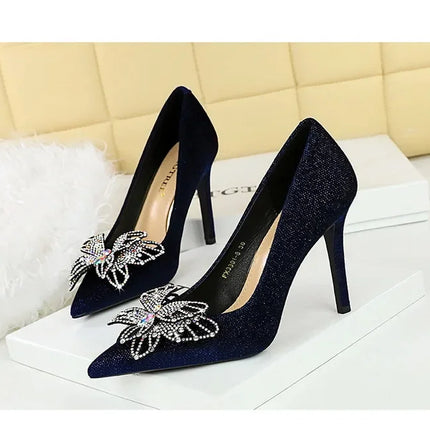 NUOVE Décolleté da donna con strass Tacchi alti a farfalla 10 CM Tacchi a spillo da donna in pelle scamosciata Scarpe da banchetto di lusso Scarpe da sposa di moda