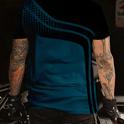 Men's Fashion Digital Print Short Sleeve T-Shirt in Black and Grey Stripes - Breathable Short Sleeve T-Shirt in Breathable Polyester