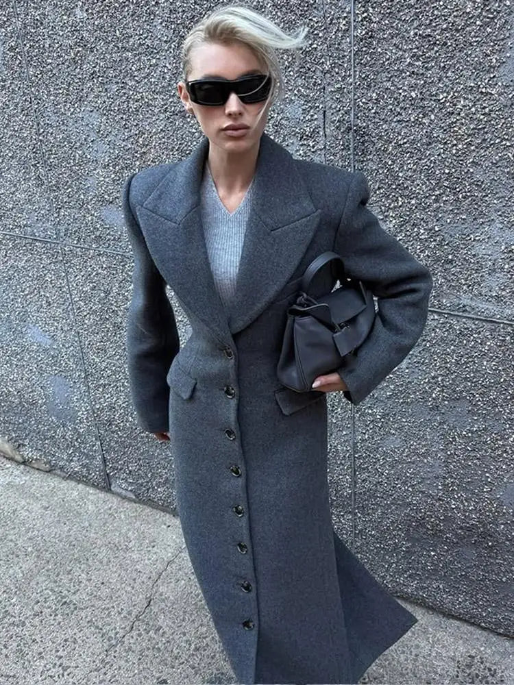 Women's Long Coat Slim V Neck Single Breasted Overcoats Shoulder Pad Maxi Jackets with Belt 2025 New Winter Lady Commute Outwear