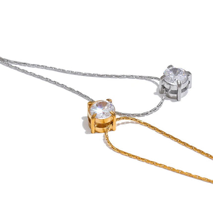Yhpup Korean Chic Stainless Steel Shiny Cubic Zirconia Cast Delicate Necklace Pendant for Women Daily Waterproof Basic Jewelry PlatiNum