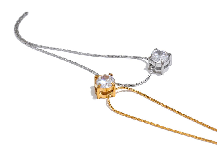 Yhpup Korean Chic Stainless Steel Shiny Cubic Zirconia Cast Delicate Necklace Pendant for Women Daily Waterproof Basic Jewelry PlatiNum