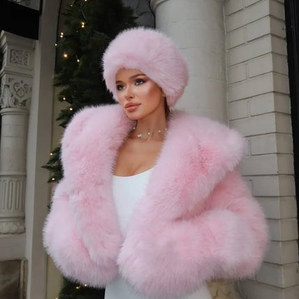 BKQU Winter Pink Imitation Fur Coat Elegant Big Fur Trim Hood Women's Jacket Warm Plush Cropped Sweet Lady Faux Fur Coat  2026