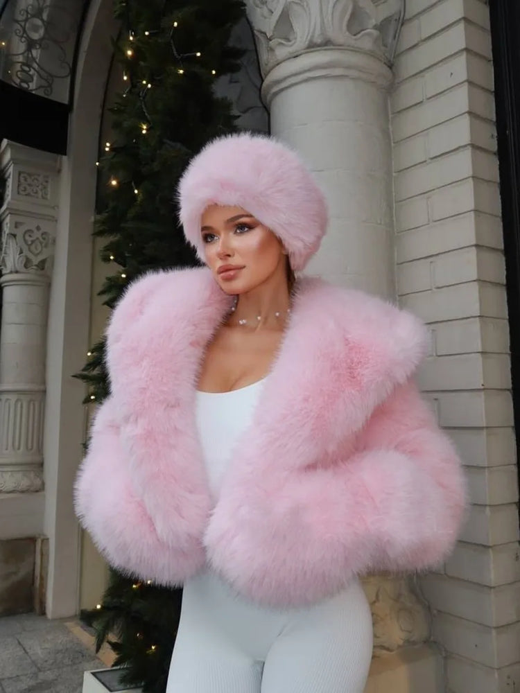 BKQU Winter Pink Imitation Fur Coat Elegant Big Fur Trim Hood Women's Jacket Warm Plush Cropped Sweet Lady Faux Fur Coat  2026