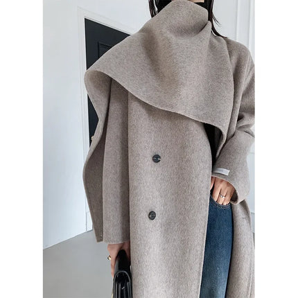 Luxury Hand-sewn Double-sided Cashmere Wool Coat Women New Mid-length Scarf Collar Loose Lace-up Warm Wool Coat Fashion Winter