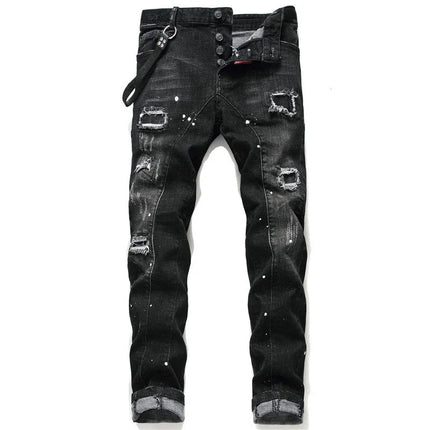 New Fashion Men Black Ripped Denim Jeans talian High Street Style Denim Pants High Quality Male Slim Fit Denim Trousers Size 38 PlatiNum