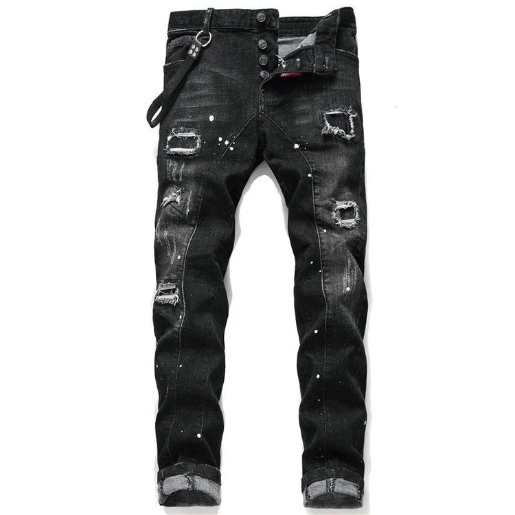 New Fashion Men Black Ripped Denim Jeans talian High Street Style Denim Pants High Quality Male Slim Fit Denim Trousers Size 38 PlatiNum