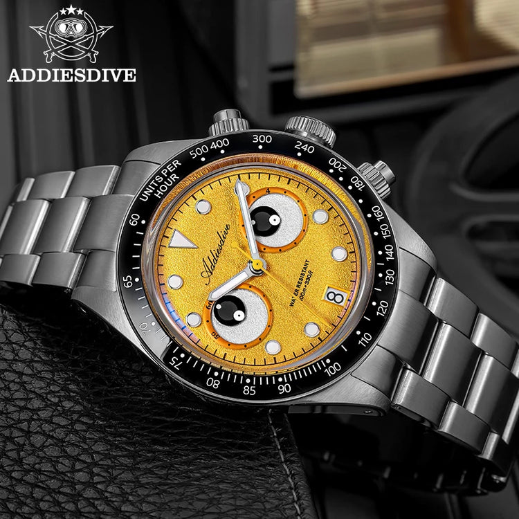 ADDIESDIVE VK64 Quartz Wristwatch Ceramic Bezel Chronograph Calendar Luxury Wristwatches Eyes Dial Bubble Mirror Glass Watches