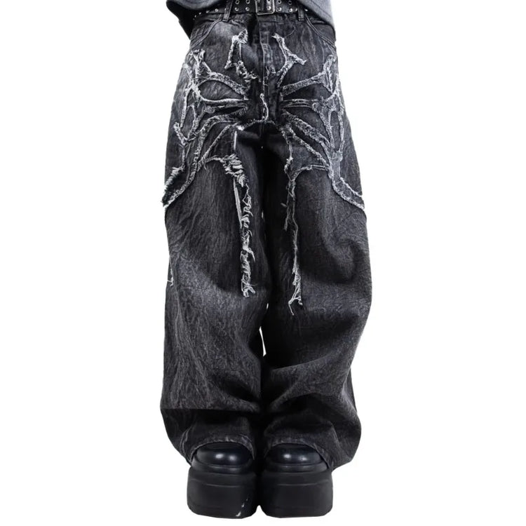 Y2K Retro Oversize Baggy Pantaloni lavabili unisex Phantom Jeans Uomo High Street Spider Toppa ricamata Hip Hop Streetwear Gotico