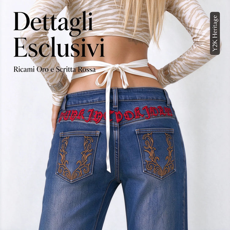 Women's Low Rise Wide Leg Jeans with Gothic Back Embroidery, Y2K Style Vintage Wash Blue Denim, Casual Pants for Urban and Evening Outfits,Fx-5444