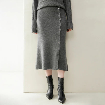 Women 100% Cashmere Skirts Office Lady Autumn Winter Knitted High Waist A-Skirt Graceful Long Warm front-open skirt with buttons PlatiNum
