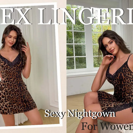 Camicie da notte sexy da donna taglie forti XL - 4XL con spalline sottili, body con stampa leopardata in pizzo - abbracciante, scollo a V profondo, sexy
